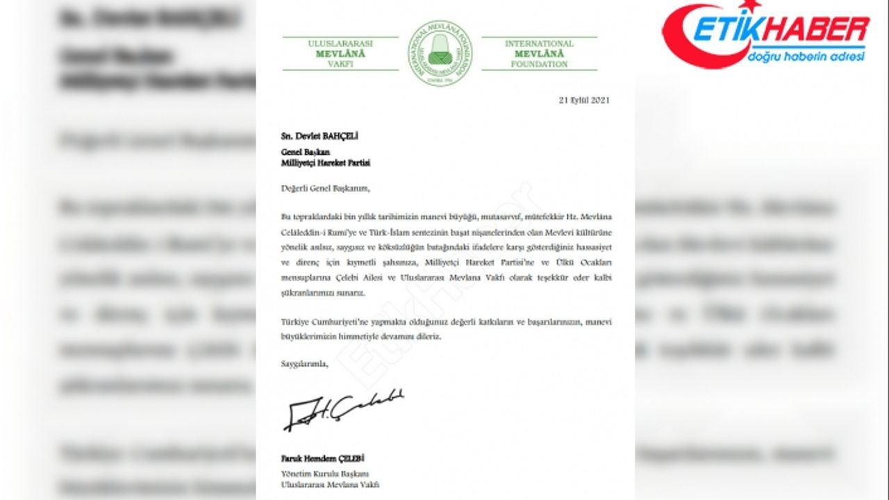 Uluslararası Mevlana Vakfı’ndan MHP Lideri Bahçeli’ye teşekkür mektubu