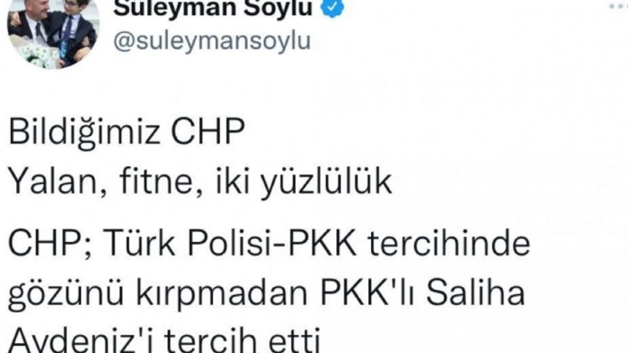 Bakan Soylu: “CHP; Türk Polisi-PKK tercihinde gözünü kırpmadan PKK’lı Saliha Aydeniz’i tercih etti”