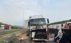 TEM’de sürücüsünün uyuduğu iddia edilen buğday yüklü tır devrildi