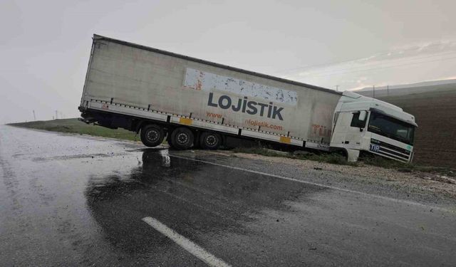 Yağmurdan kayganlaşan yolda tır şarampole düştü