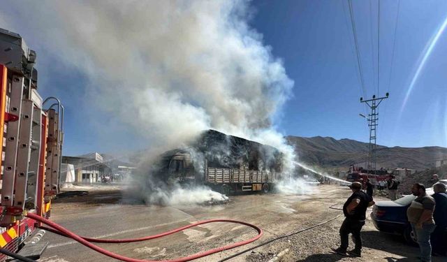 Saman yüklü kamyon elektrik tellerine takıldı, yangın çıktı