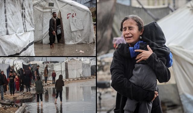 Gazze'de yoğun yağış nedeniyle İsrail saldırılarında evleri yıkılanların kaldığı çadırları su bastı