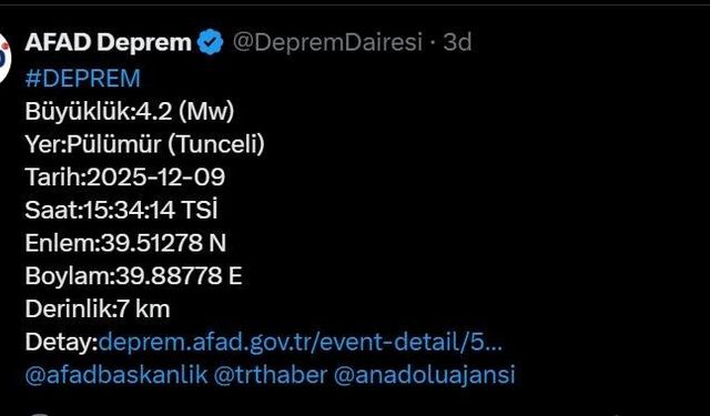 Tunceli’de 4.2 büyüklüğünde deprem