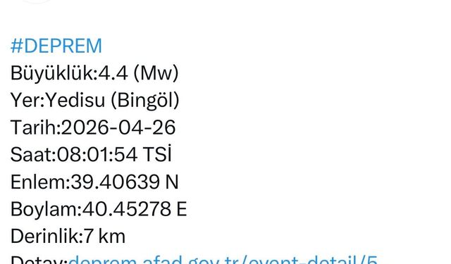 Bingöl'de 4.4 büyüklüğünde deprem