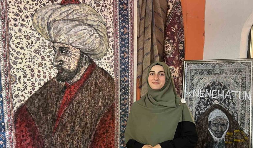 Halıların üzerine tarihi şahsiyetleri çiziyor