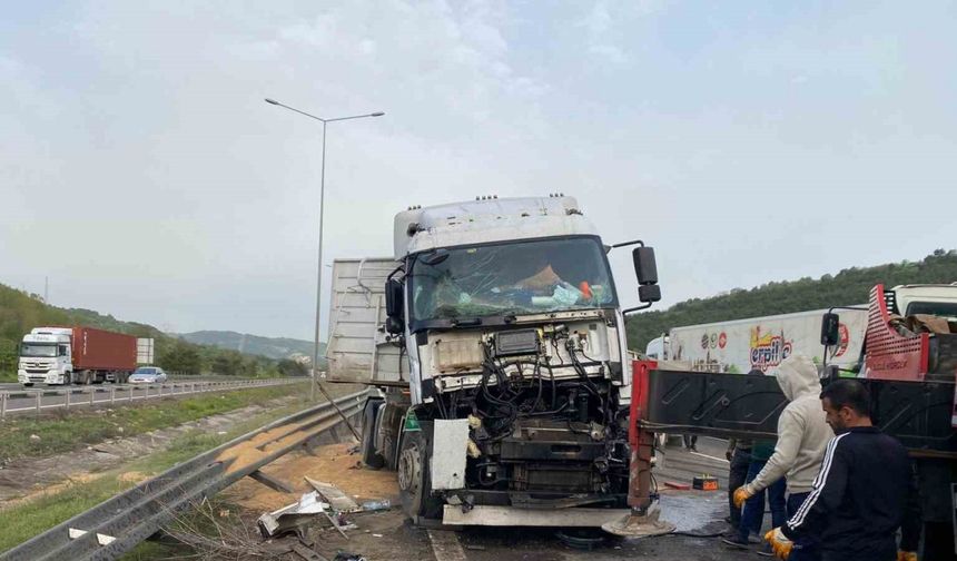 TEM’de sürücüsünün uyuduğu iddia edilen buğday yüklü tır devrildi