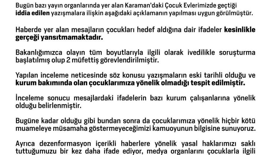 Aile ve Sosyal Hizmetler Bakanlığı: "Mesajların çocukları hedef aldığına dair ifadeler kesinlikle gerçeği yansıtmamaktadır"