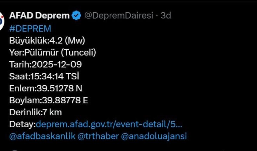 Tunceli’de 4.2 büyüklüğünde deprem